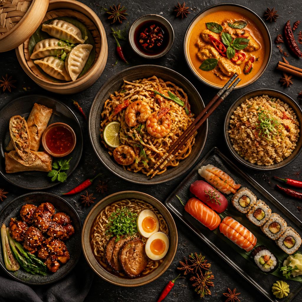 An assortment of Pan Asian dishes and sushi on dark stone